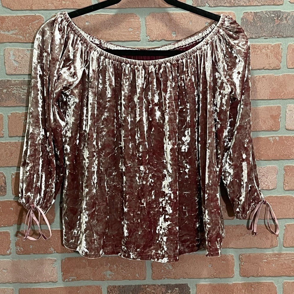 American Eagle Crushed Velvet Dusty Rose Pink Off Shoulder Top Shirt Size Medium - Picture 2 of 7